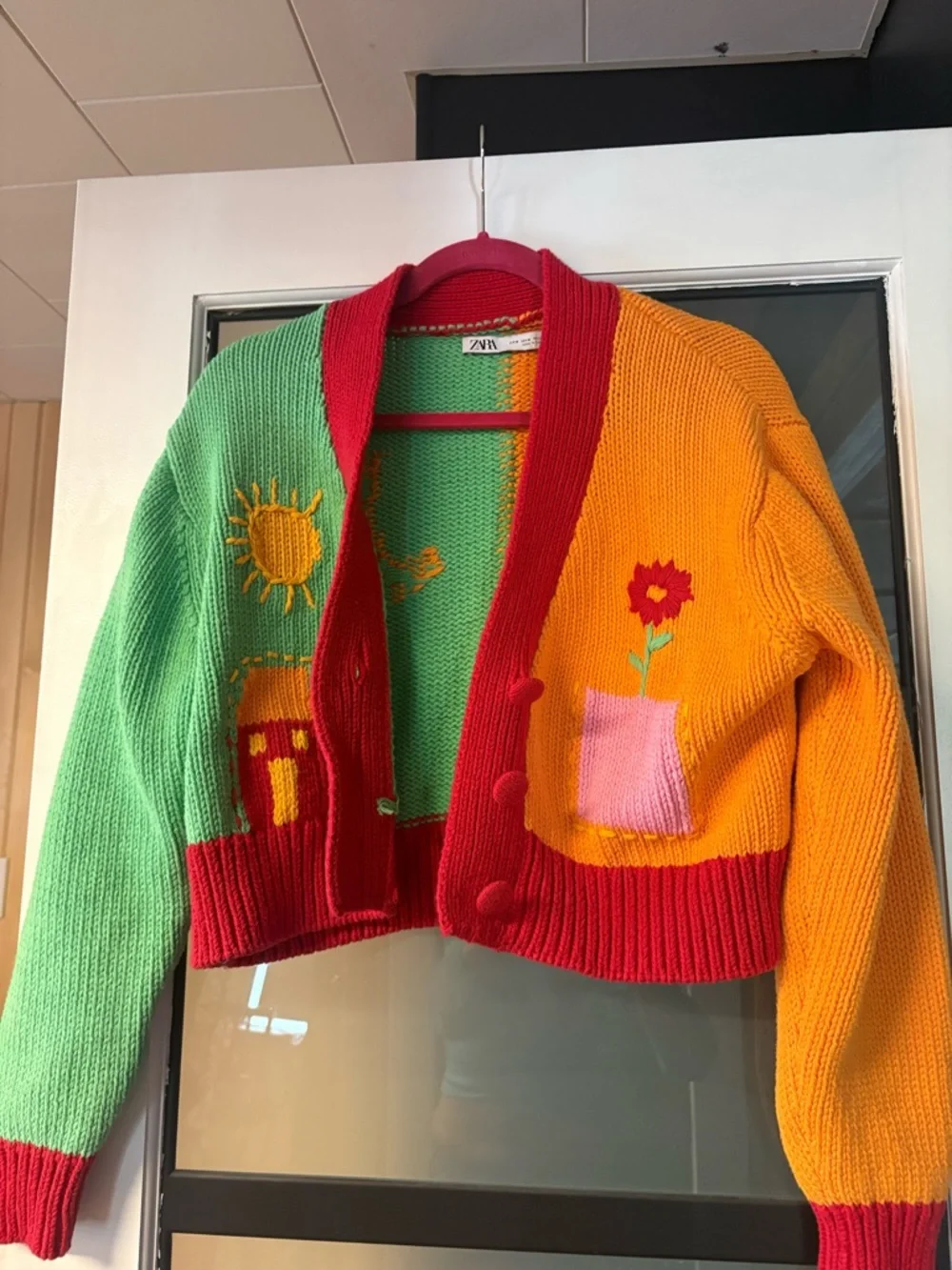 Zara Colorblock Cropped Cardigan - Green, Orange & Red - Picture 2 of 4